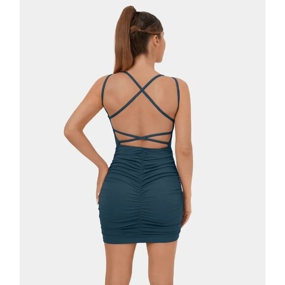 Halara Crisscross Backless Ruched Bodycon Mini Casual Dress Blue M - Picture 1 of 6